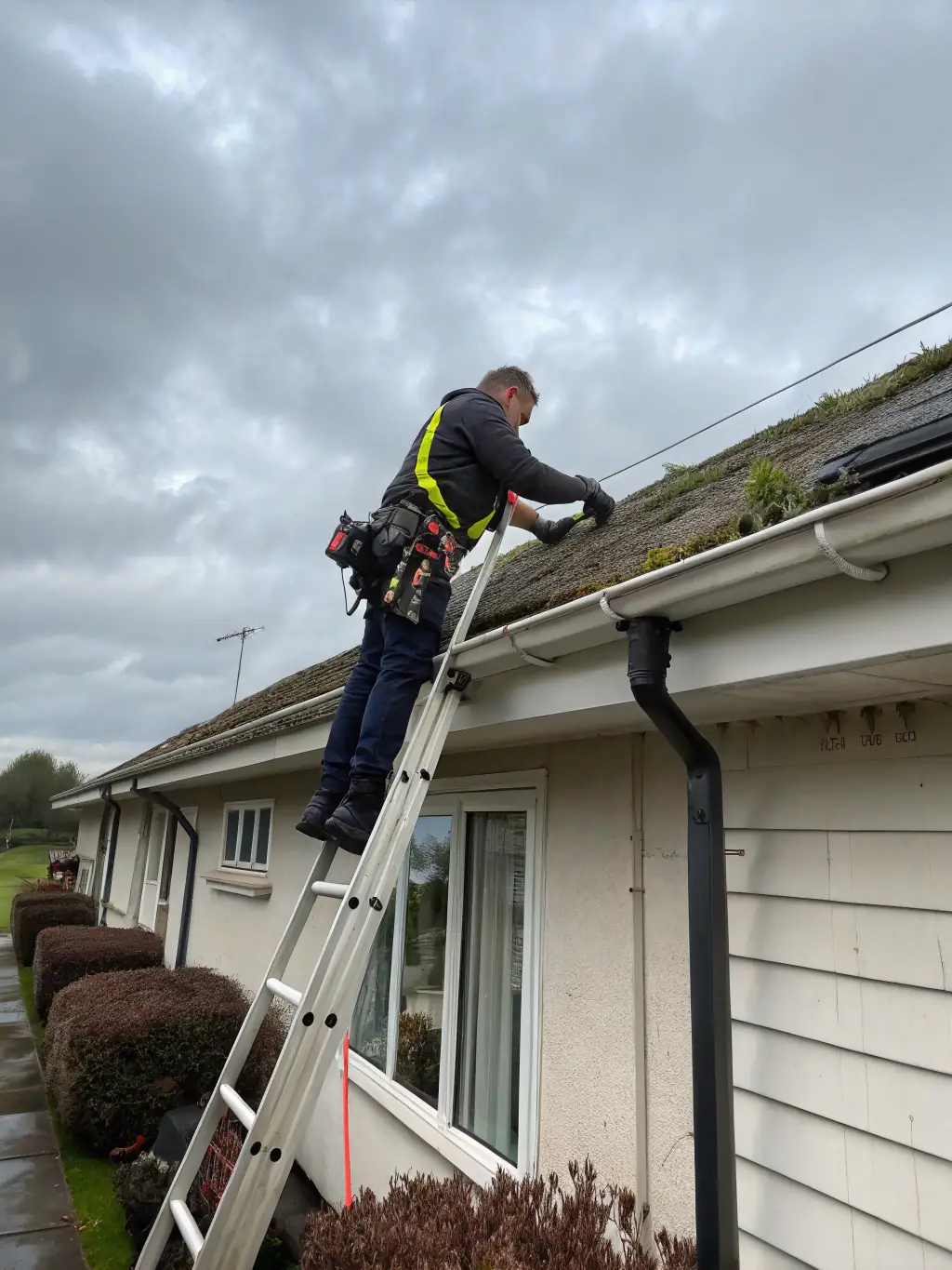 A technician from Sasquatch Softwash & Property Detailing cleaning gutters with a clear view of a tidy, debris-free gutter system in Nanaimo, BC.