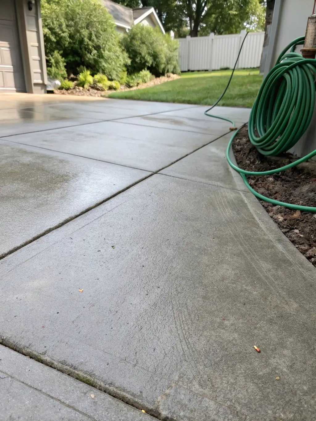 A clean driveway with a bright, stain-free surface next to a freshly cleaned patio by Sasquatch Softwash & Property Detailing in Nanaimo, BC.